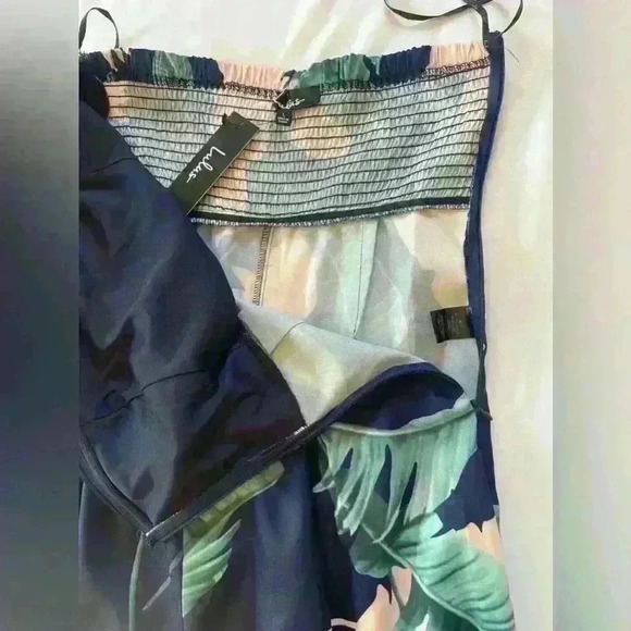 Lulu's Rainforest Blooms Navy Blue Print Strapless Midi Jumpsuit Women's Large - Picture 11 of 13